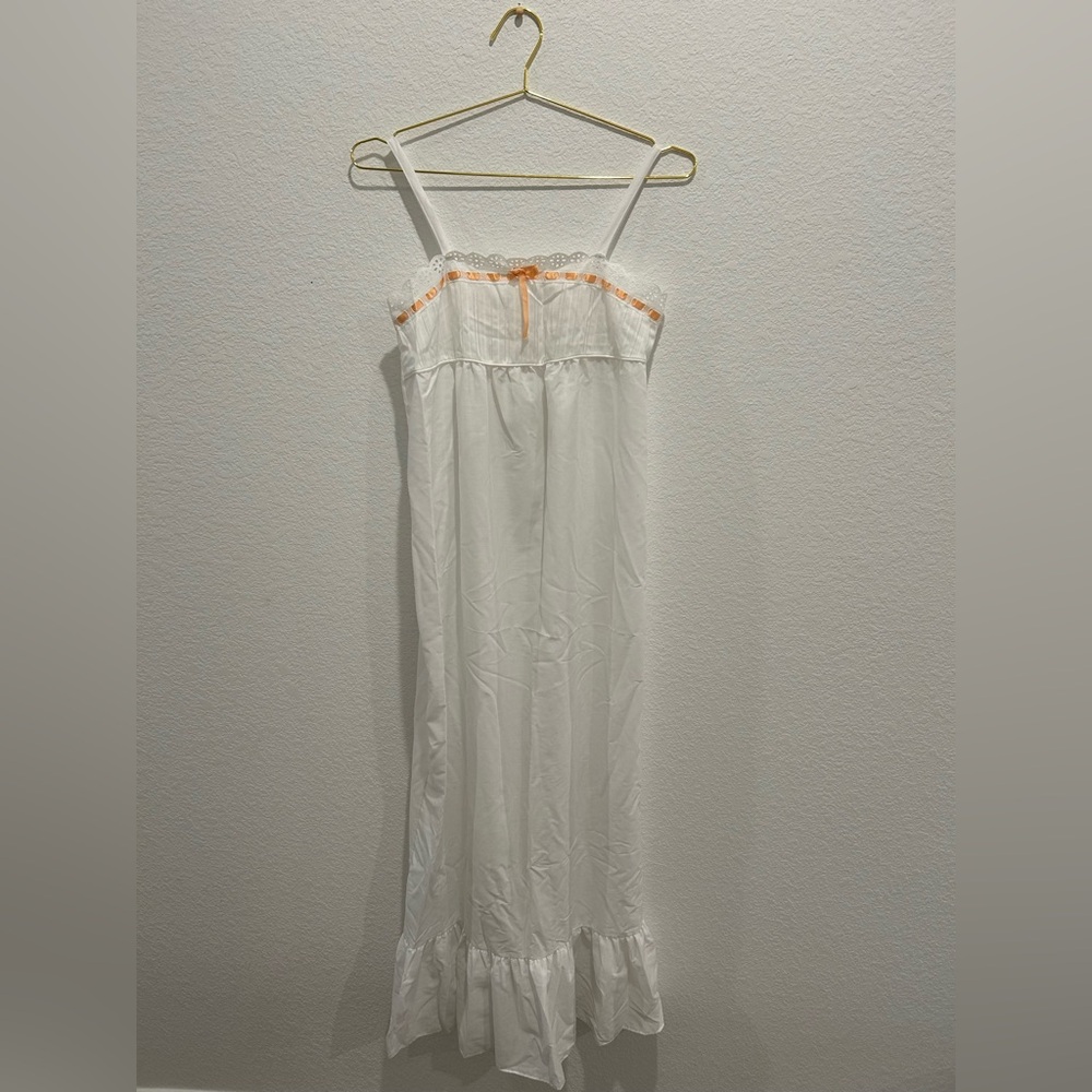 Vintage 70s victorian White eyelet lace Nightgown Orange bow maxi slip dress
